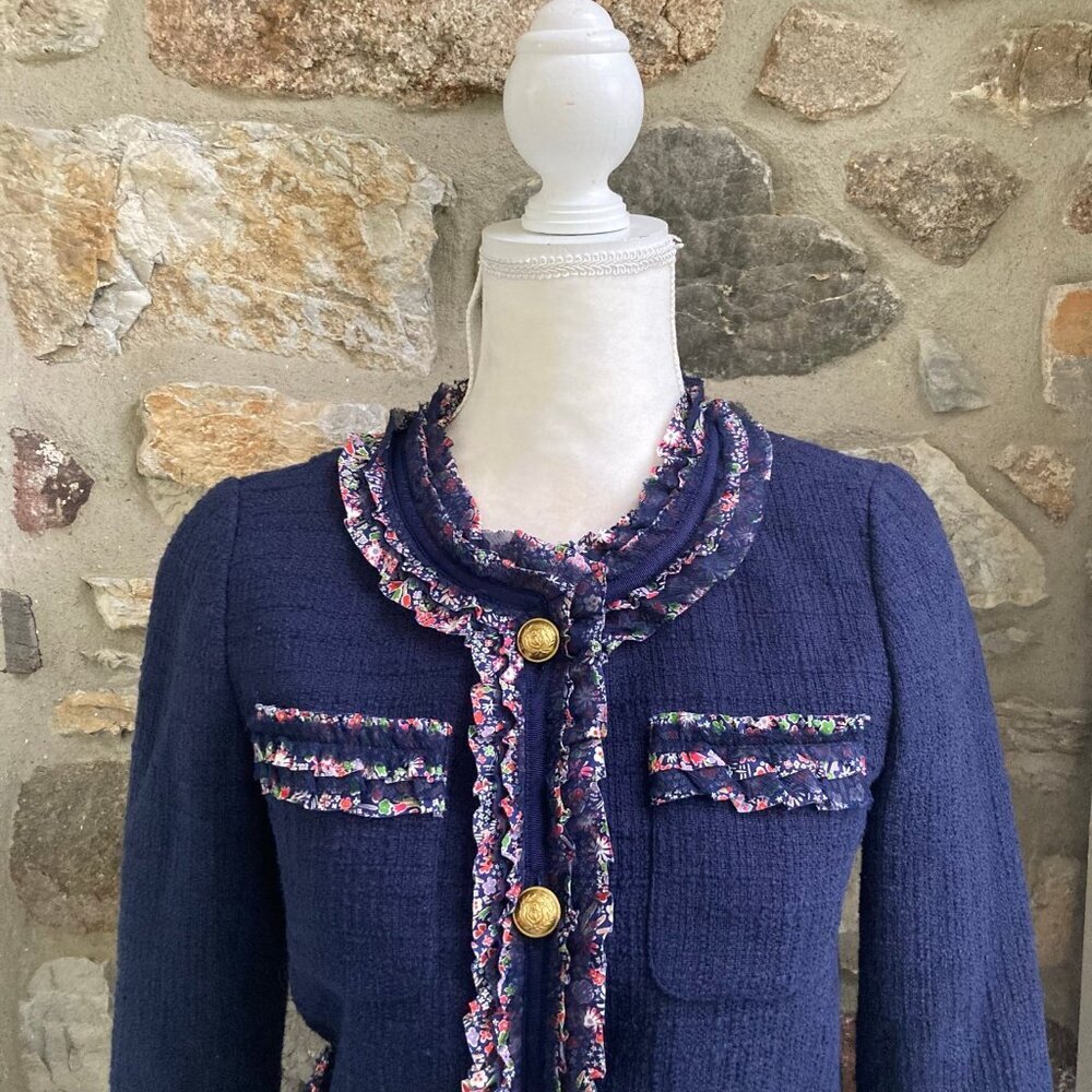 J Crew Lady Jacket Blazer Liberty London Floral Trim Tweed Navy Womens 0 - Picture 5 of 11